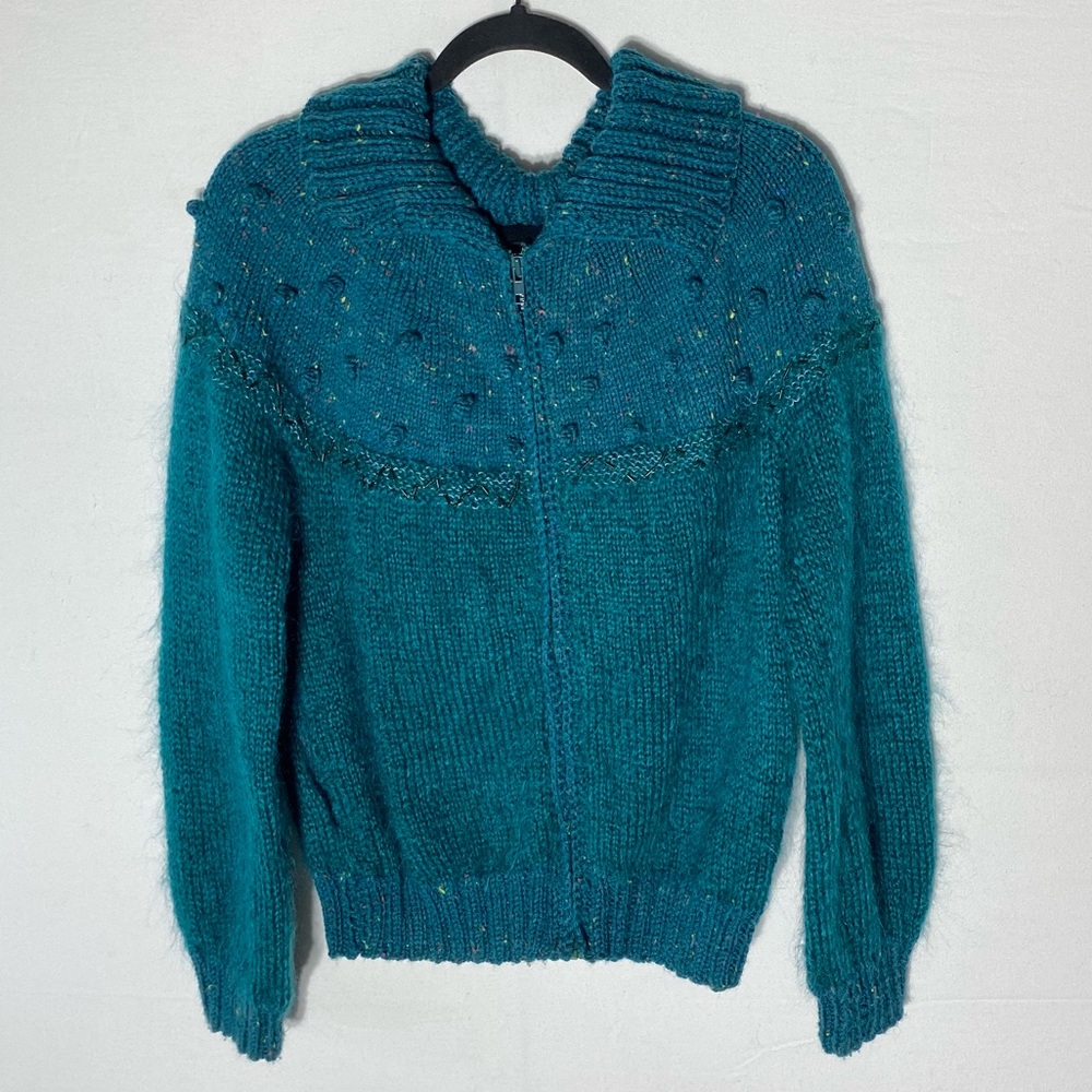 Vintage Handmade Teal Textured Knit Beaded Zip Front Cardigan S Cottagecore